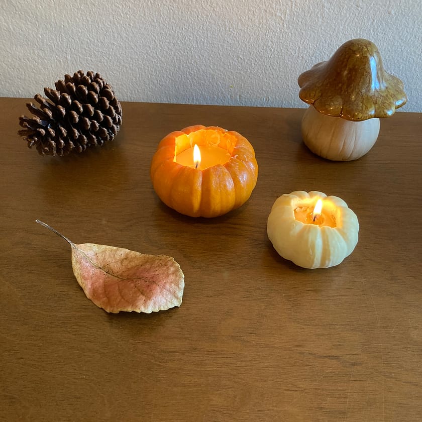 beeswax pumpkin candles, a ceramic mushroom, a fall leaf and a pinecone. 