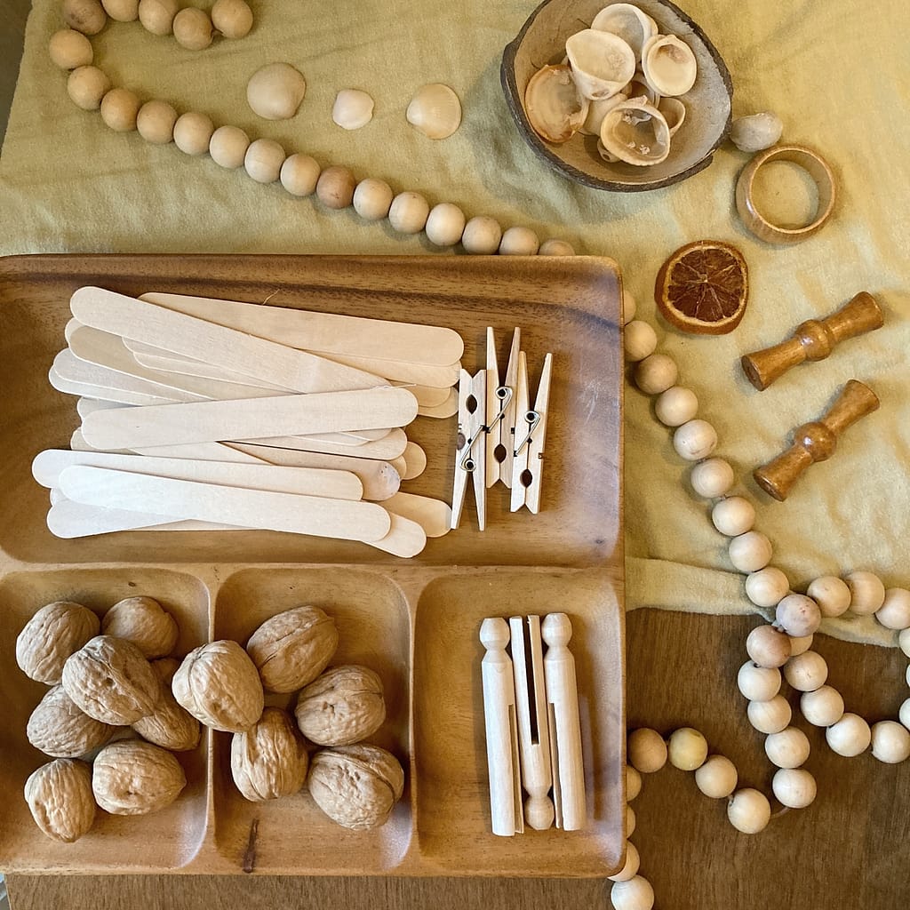 loose parts such as walnuts, wood beads, clothespins, seaseshells, organized in a wood tray. 