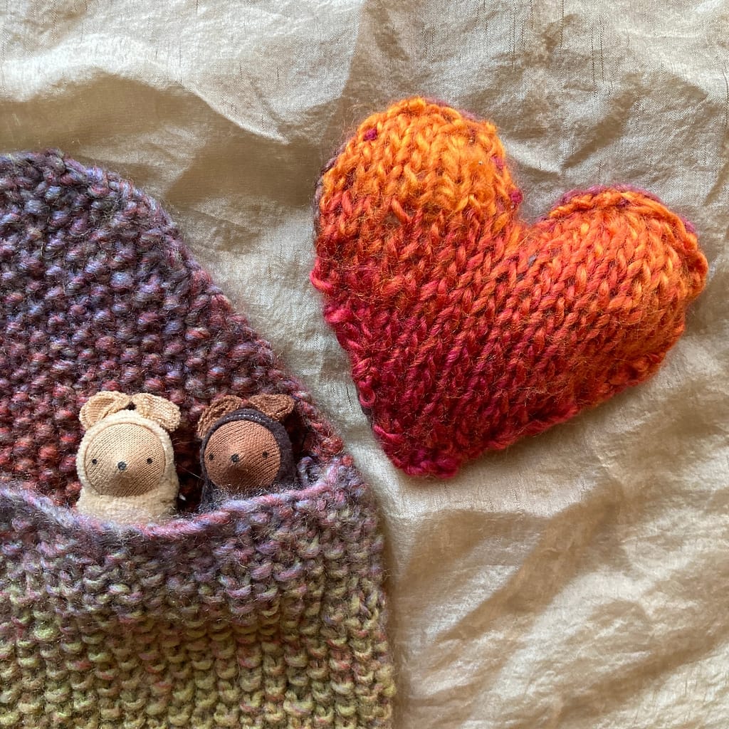 knitted heart and envelope, with two mice