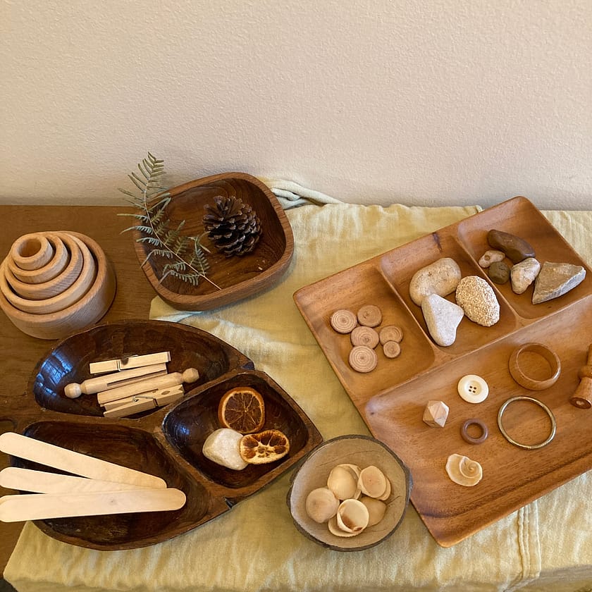 loose parts in wood bowls, such as pinecones, leaves, clothespins, popsicle sticks, buttons, rocks, napkin rings, seashells and a coconut shell. 