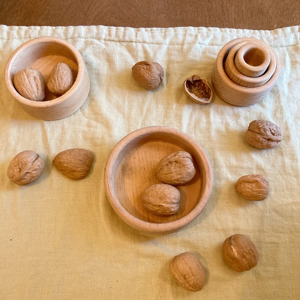 loose parts such as wood bowls and walnuts 